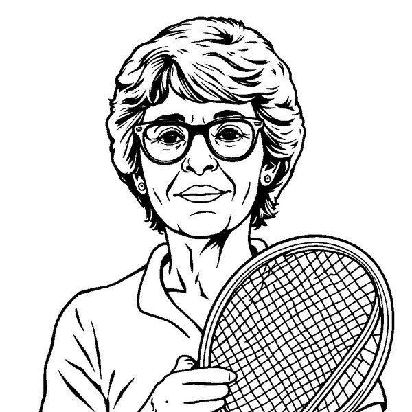 Black and white coloring page outline of Billie Jean King, American Tennis Champion