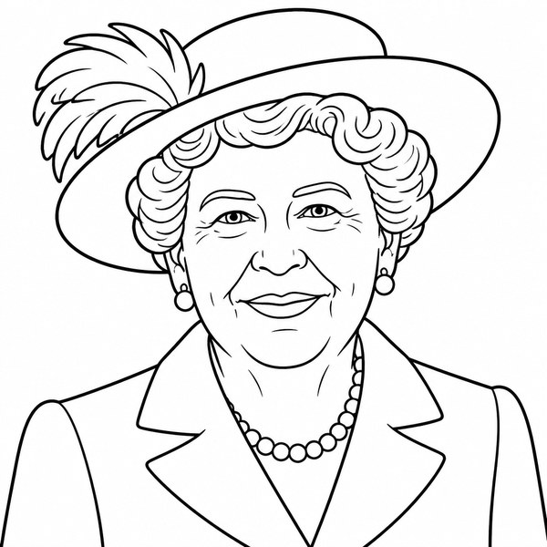 Black and white coloring page outline of Eleanor Roosevelt, American Diplomat & Activist