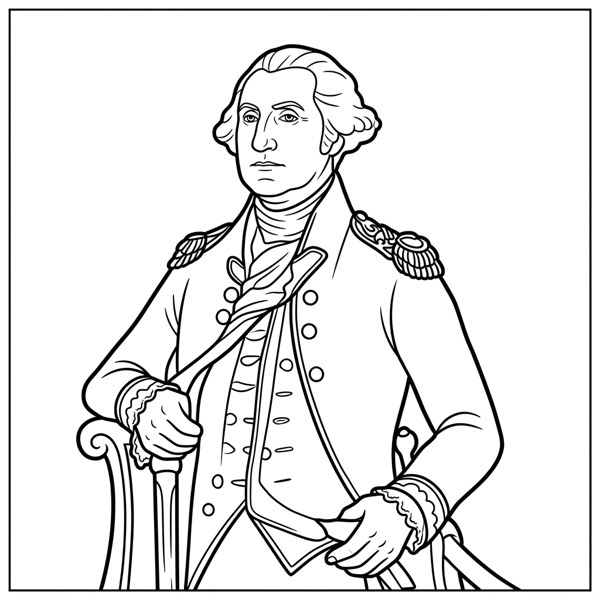 Black and white coloring page outline of George Washington, First U.S. President & Revolutionary War General