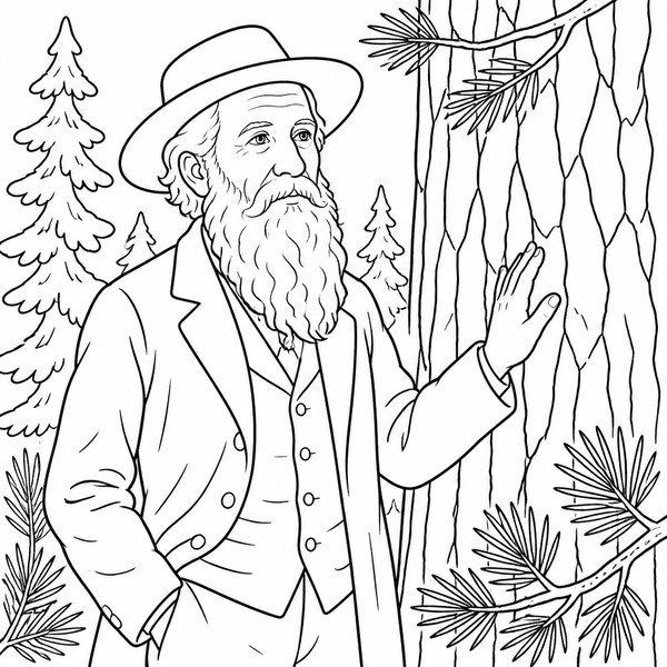 Black and white coloring page outline of John Muir, Naturalist & Conservationist