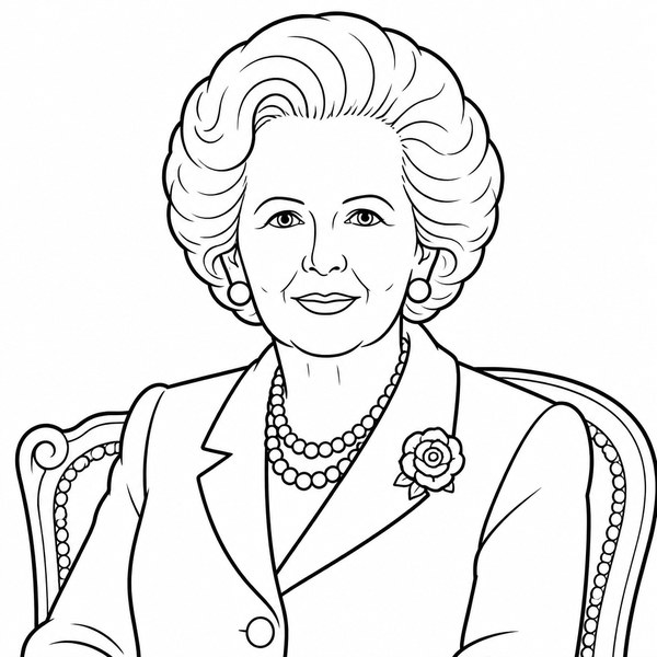 Black and white coloring page outline of Margaret Thatcher, British Prime Minister