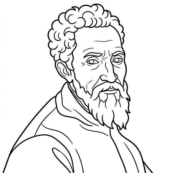 Black and white coloring page outline of Michelangelo, Italian Sculptor, Painter & Architect