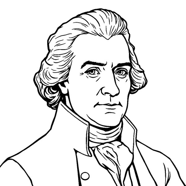 Black and white coloring page outline of Thomas Jefferson, American President & Writer