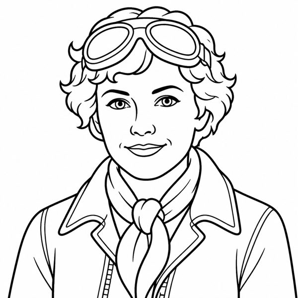 Amelia Earhart coloring page portrait — line art of Aviator