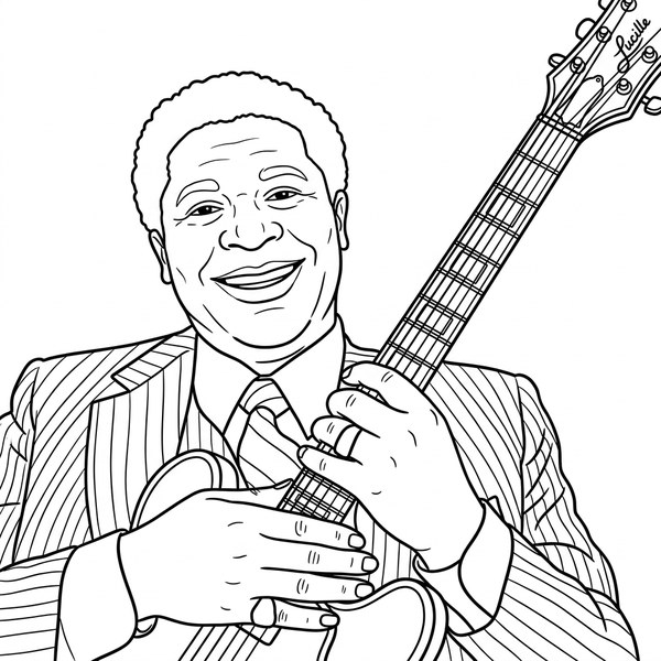 B.B. King coloring page portrait — line art of Blues Musician