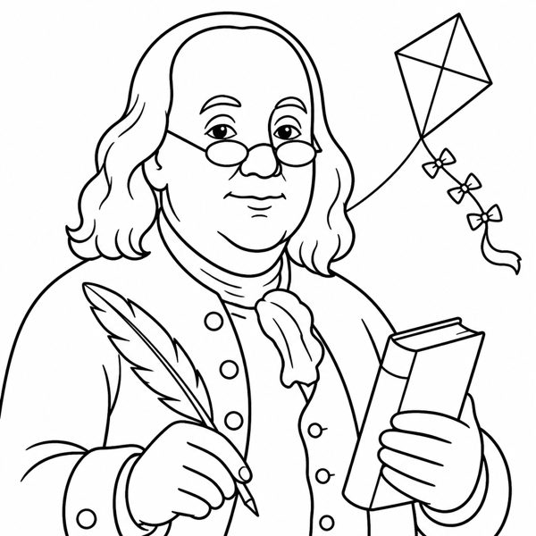 Benjamin Franklin coloring page portrait — line art of Inventor & Founding Father