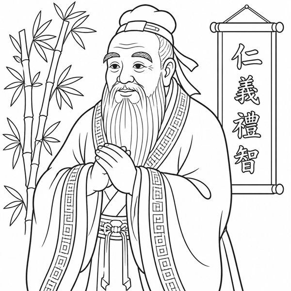 Confucius coloring page portrait — line art of Teacher & Philosopher