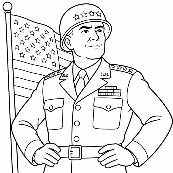 George S. Patton coloring page portrait — line art of U.S. Army General