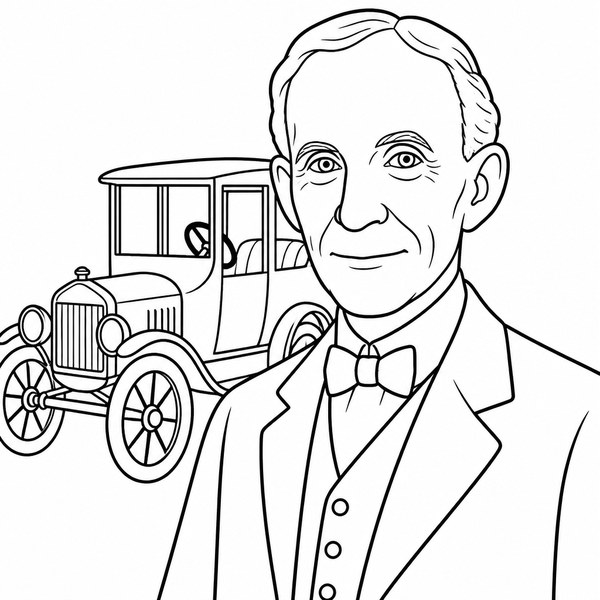 Henry Ford coloring page portrait — line art of American Inventor & Carmaker