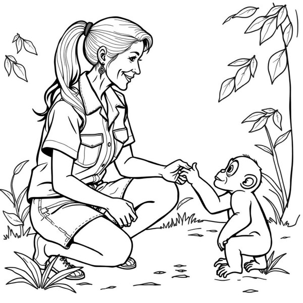 Jane Goodall coloring page portrait — line art of English Primatologist & Conservationist