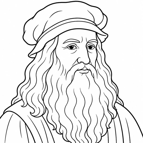 Leonardo da Vinci coloring page portrait — line art of Italian Artist, Inventor & Scientist