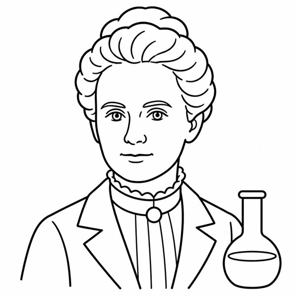 Marie Curie coloring page portrait — line art of Scientist