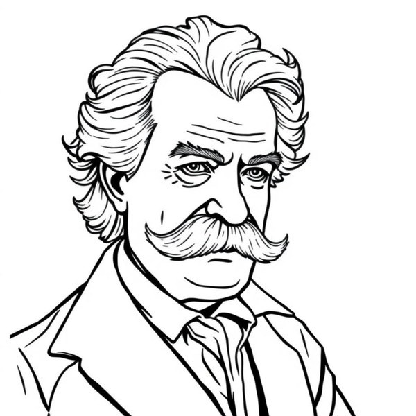 Mark Twain coloring page portrait — line art of American Author & Humorist