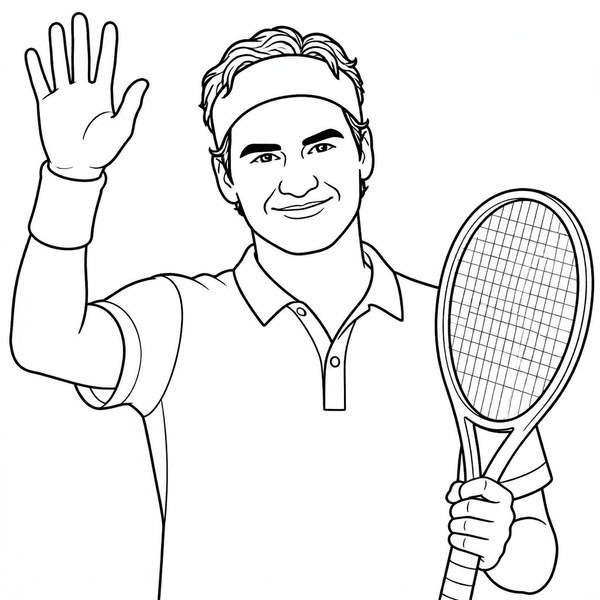 Roger Federer coloring page portrait — line art of Swiss Tennis Champion