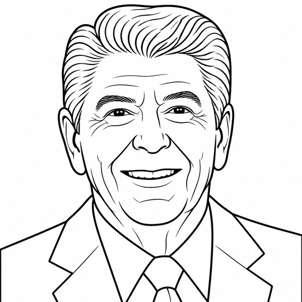 Ronald Reagan coloring page portrait — line art of 40th President of the United States