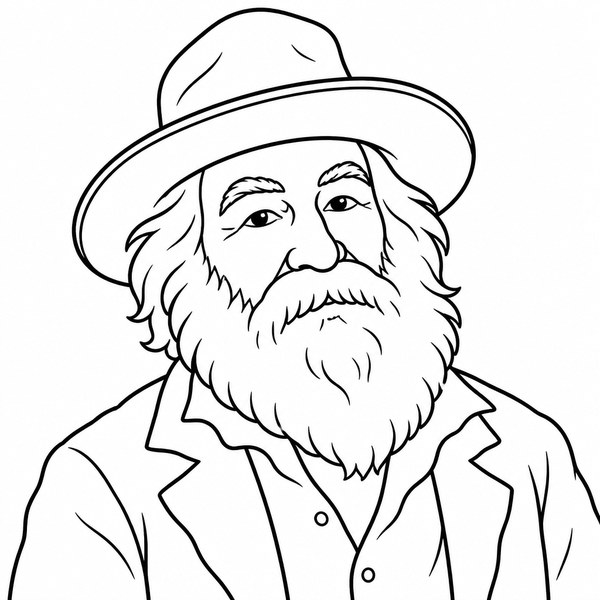 Walt Whitman coloring page portrait — line art of American Poet