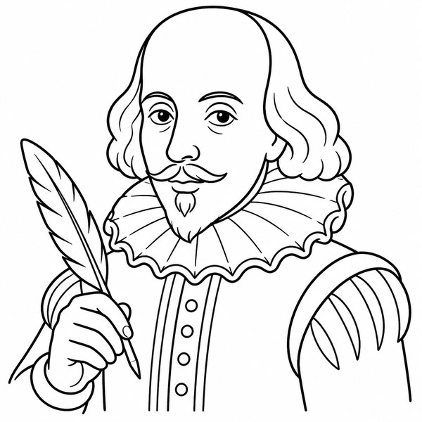 William Shakespeare coloring page portrait — line art of English Playwright & Poet