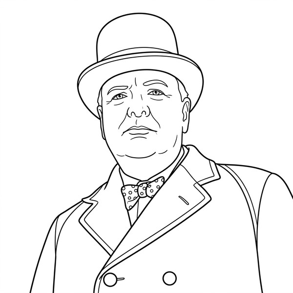 Winston Churchill coloring page portrait — line art of British Prime Minister